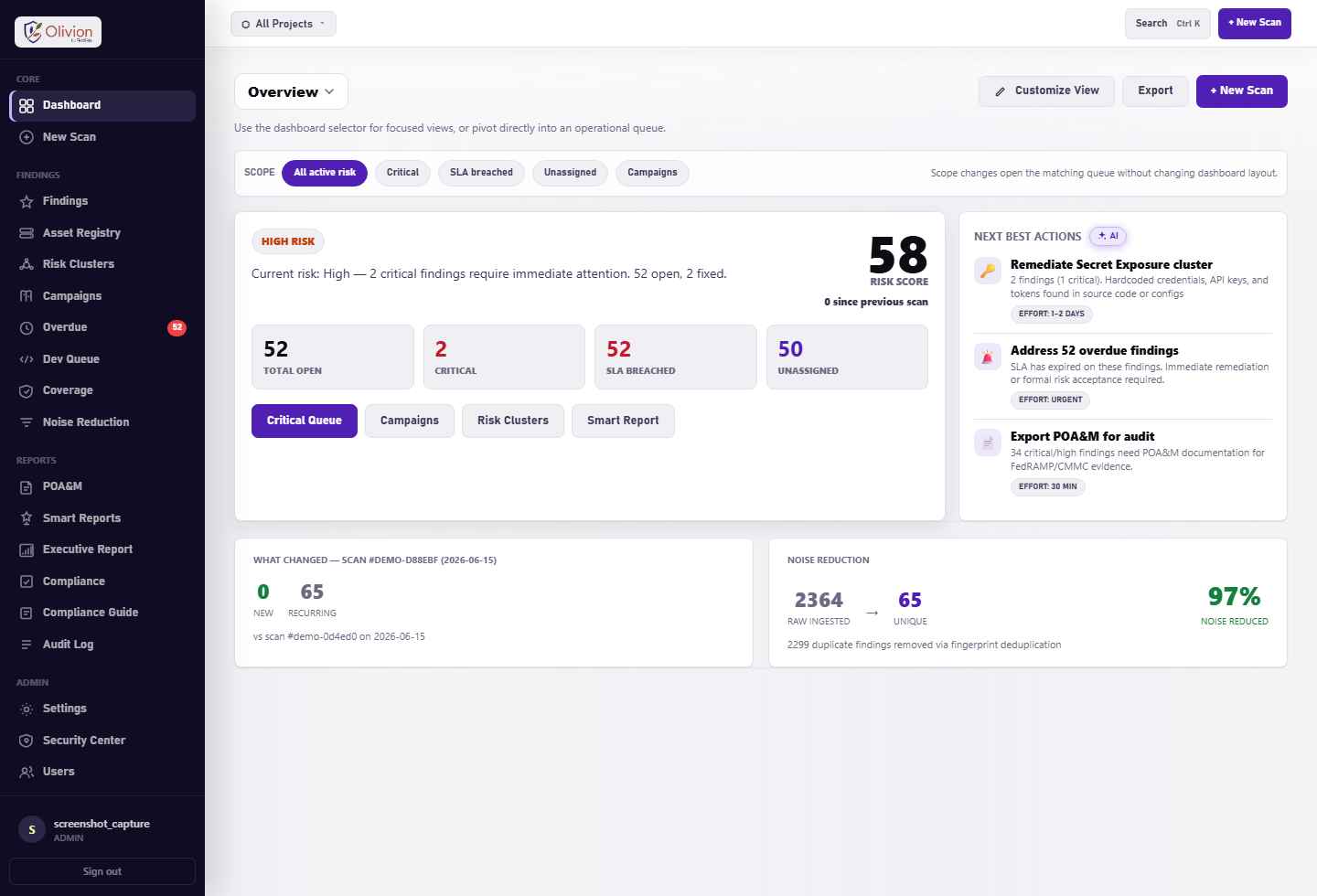 Olivion dashboard screenshot